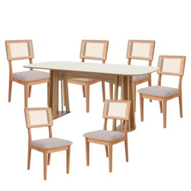Imagem de Mesa de Jantar Retangular Base Ripado Freijó com 6 Cadeiras Estofada Encosto Tela Bege Dalla Costa