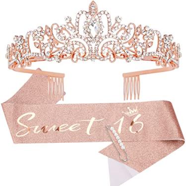 Imagem de AOPRIE Faixa de aniversário para meninas, coroas de aniversário, tiara de aniversário de 16 anos, para mulheres, ouro rosa, coroa de princesa, strass, acessórios de feliz aniversário