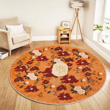 Imagem de ROTTOGOON Tapete redondo 1,2 m lavável círculo macio tapete floral com revestimento de borracha resistente a manchas antiderrapante tapetes boêmios para quarto, banheiro, entrada, quarto de crianças,