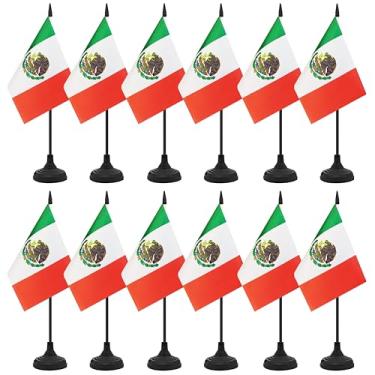 Imagem de Conjunto de 12 bandeiras de mesa do México, bandeira de escritório de mesa mexicana, pequena bandeira de mesa em miniatura com mastro preto e base preta, sala de aula, decoração de mesa de reunião de