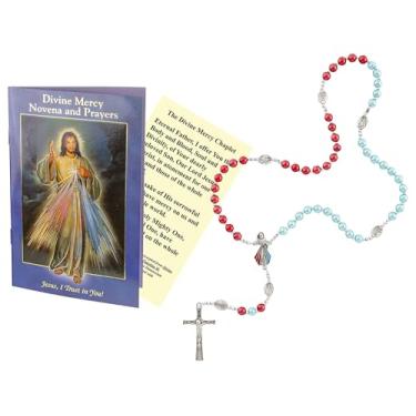 Imagem de Terço da Divina Misericórdia - Livro Novena, Cartão de Oração Laminado - Rosário de Contas Vermelhas e Azuis para Oração Diária - Rosario De La Misericordia - Conjunto de 3 itens, Zinco, Sem Pedra