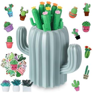 Imagem de Resurhang Conjunto de 68 peças de papelaria de cacto, inclui porta-lápis de cacto, 8 canetas de tinta gel em forma de cacto, 50 adesivos de vinil à prova d'água de cacto, 9 alfinetes suculentos,