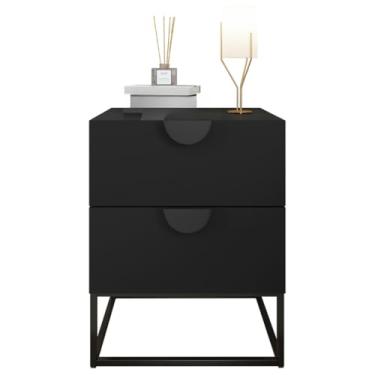 Imagem de Mesa de Cabeceira Steel Luxo Estilo Industrial 2 Gavetas Base de Aço Puxador Meia Lua (Preto/Pé Preto)