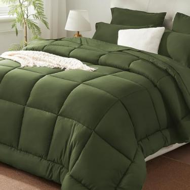 Imagem de SunStyle Home Conjunto de edredom casal verde-oliva – 7 peças, cama em uma bolsa, leve de plumas de ganso alternativo com edredom para todas as estações, 1 lençol de cima, 1 lençol com elástico, 4