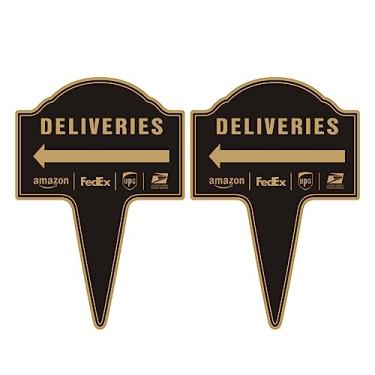 Imagem de Pacote com 2 placas de entrega com seta à esquerda, placa de metal de estaca integrada Yuntarda de 35,5 cm x 25,4 cm para uso ao ar livre Instruções de entrega para pacotes da Amazon FedEx USPS e UPS