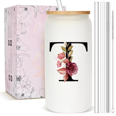Imagem de Presentes personalizados para mulheres, copo de vidro fosco monograma com canudo e tampa, caneca personalizada fofa, copos de café gelado com inicial personalizada, copo de bebida personalizável,