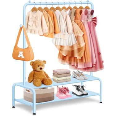 Imagem de Suporte para roupas infantis – Suporte de armazenamento de roupas infantis – Rack de roupas para meninas – Suporte de guarda-roupa para fantasia infantil pequena com 2 pisos de tecido, prateleira de