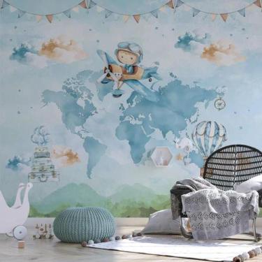 Imagem de Papel de parede Infantil Menino Viajante azul balões e mapa - AloPaper