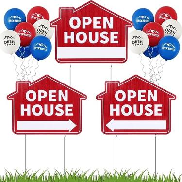 Imagem de Geetery 3 placas de casa aberta para imóveis, 30,5 x 40,6 cm, placas para venda com estacas, placas de imóveis de dupla face e 24 peças, balões abertos de 30 cm para quintal