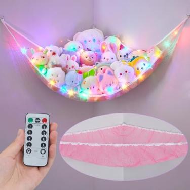 Imagem de Unicorn Castle Rede de animais de pelúcia para armazenamento de brinquedos infantis com luz de LED, organizador de brinquedos de pelúcia para pendurar no canto, suporte para berçário, decoração de