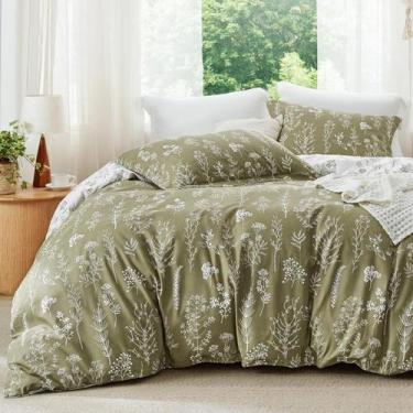 Imagem de Conjunto de edredom Bedsure Oversize Queen Olive Green 3 peças