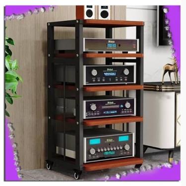 Imagem de Prateleira de armazenamento de áudio/vídeo, suporte de mídia com roda de freio, torre de áudio, prateleiras ajustáveis, armário de componentes de áudio de canto para componentes de entretenimento,
