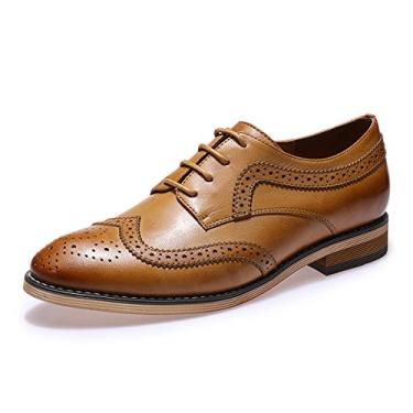 Imagem de Mona flying Sapato feminino de couro perfurado com cadarço Oxfords Brogue Wingtip Derby para mulheres, Marrom, 40