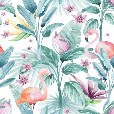 Imagem de VaryStyle Papel de parede tropical de palmeira verde/rosa/roxo flamingo floral, papel de parede para quarto, banheiro, 45 x 299 cm, papel de contato floral removível autoadesivo para armários e