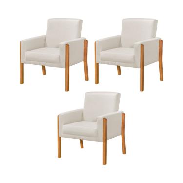 Imagem de Kit 3 Poltronas Sala de Espera Pés em Madeira Santorini Linho Crú