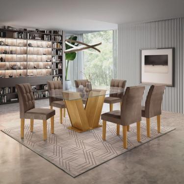 Imagem de Conjunto Sala de Jantar Mesa Classic Tampo de Vidro 6 Cadeiras Vitória Cel Móveis Ypê/Animale