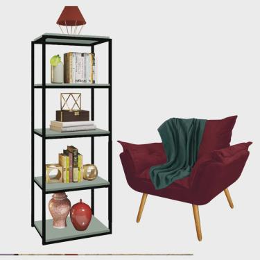 Imagem de Kit Poltrona Fatte com Manta Soft Verde e Estante Livreiro Ferro Preto mdf Verde Oliva Suede Bordô - Ahazzo Móveis