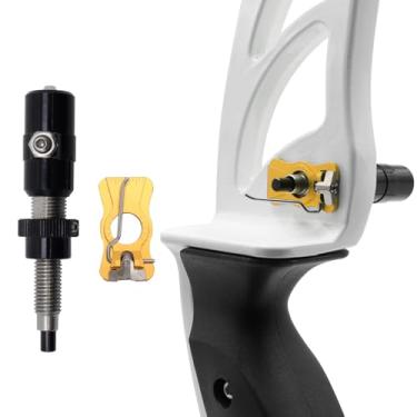 Imagem de HANDBAIGE Descanso de flecha e almofada, desentupidor de flecha magnética de alumínio com botão de teflon para arco recurvo (descanso de flecha amarela + êmbolo)