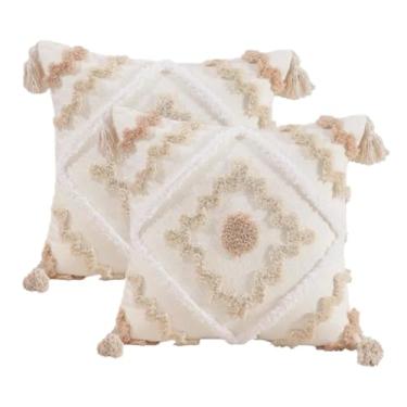 Imagem de Andreannie Pacote com 2 capas de almofada Boho Tufting bordadas texturizadas com borlas macias para decoração de casa para sofá 45,7 x 45,7 cm (creme boêmio)