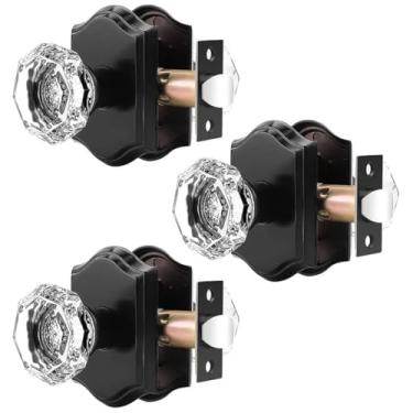 Imagem de Orger Puxadores de porta de passagem para corredor e armário, maçanetas de porta de vidro com trava sem trava, maçanetas de cristal transparente octogonal, pacote com 3, rosa vintage preta com cristal resistente