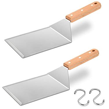 Imagem de Espátulas de metal de madeira, 2 peças, conjunto de ferramentas de espátula profissional HaSteeL para grelhar hambúrguer, virador de panqueca, perfeito para teppanyaki, topo plano, churrasco, cozinha