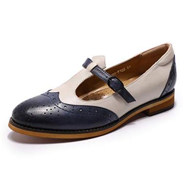 Imagem de Mona flying Sapato feminino de couro Wingtip Oxford Mary Jane Mocassim casual com tira em T para mulheres, Azul-off White, 40