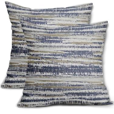 Imagem de Conjunto de 2 capas de almofada cinza azul e cinza 45,7 x 45,7 cm com estampa listrada abstrata decorativa para ambientes externos fazenda, capa de almofada para sofá-cama decoração