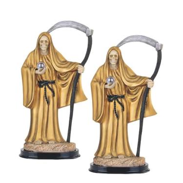 Imagem de ICE ARMOR Conjunto de 2 peças 30,5 cm H ouro Santa Muerte Segurando Foice Estátua Nossa Senhora da Morte Santa Estátua Ornamento Casa Sala Escritório Decoração Ideias para inauguração de casa