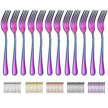 Imagem de Evanda Garfo De Jantar Rainbow, 12 Peças, Aço Inoxidável Com Revestimento Titânio 8,07 Polegadas, Garfos Para Bolo, Mesa, Sobremesa, Fáceis Limpar, Laváveis Na Máquina Lavar Louça