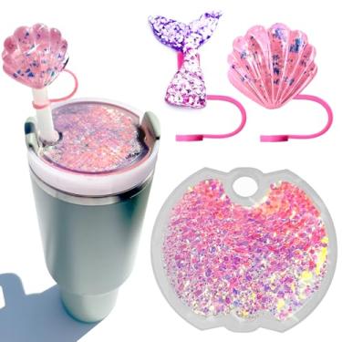 Imagem de Bling Stanley Topper, acessórios de copo rosa com tampa de palha de sereia de silicone para copos, compatível com acessórios de tampa de copo Stanley (H2.0 1,134 g), presente para crianças, namorada