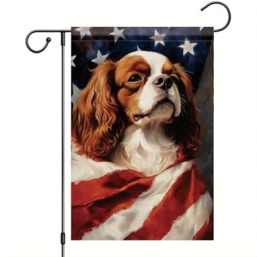 Imagem de Starlit Patio Bandeira patriótica Cavalier King Charles Spaniel Julho de 4th Bandeira de jardim 30,5 x 45,7 cm Decoração vertical dupla face para quintal verão pequena bandeira para férias ao ar livre