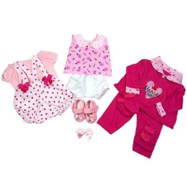 Imagem de Kit Roupinha Bebê Reborn 3 trocas + Tiara e Sapatinho Pink - Mamãe Reb