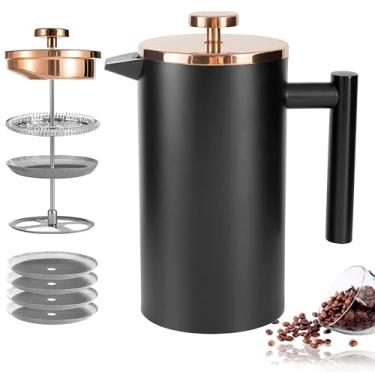 Imagem de Miuly Cafeteira French Press, prensa de café de aço inoxidável de 595 g com sistema de filtragem de 3 níveis, prensa francesa com isolamento de parede dupla com 4 filtros e 1 colher de metal, preta