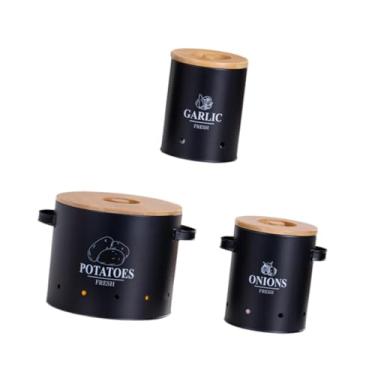 Imagem de IEUDNS 3 peças de cebola de batata alho gabinete latas de fazenda recipientes de casa de fazenda com tampa com orifícios aerjados para piqueniques de, Preto