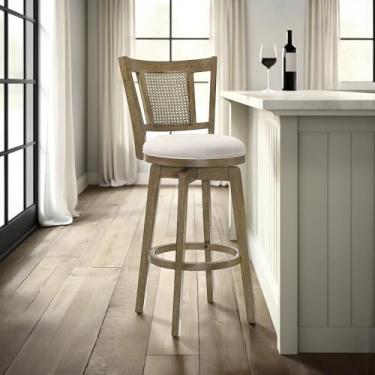 Imagem de Armen living Isla 76,2 cm Putty Brown Bar Banqueta giratória de madeira de borracha com assento de tecido creme