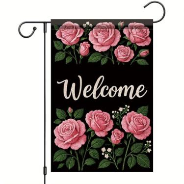 Imagem de Starlit Patio Bandeira de jardim de boas-vindas primavera verão rosa rosa floral quintal 30,5 x 45,7 cm decoração sazonal exterior dupla face para entrada de gramado romântico rústico casa de fazenda
