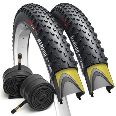 Imagem de Fincci MARUDO Par de pneus de bicicleta de 73 x 5,5 cm 52 a 622 pneus dobráveis com proteção antiperfuração de 1 mm e tubos internos Schrader de 48 mm para bicicleta híbrida MTB Mountain Gravel -