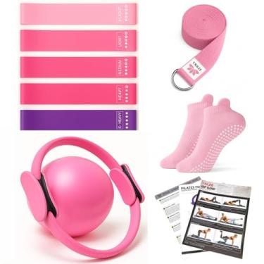 Imagem de YXILEE Conjunto de anéis de pilates - Equipamento de treino em casa feminino - Equipamento de alongamento de faixas de bumbum mini bola de exercício para pernas, braços e coxas (rosa)