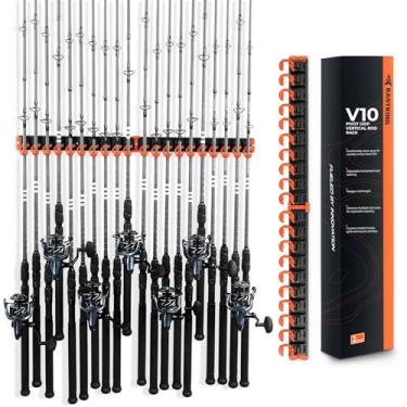 Imagem de KastKing Suporte de vara de pesca V10 com aderência de pivô – Suporte de vara de parede ajustável, com economia de espaço, 10 ganchos de aço revestidos com polímero, sistema de armazenamento