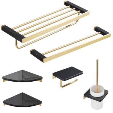 Imagem de Prateleira de banheiro em latão e mármore - Toalheiro preto e dourado com suporte para papel | 2 peças, combinação