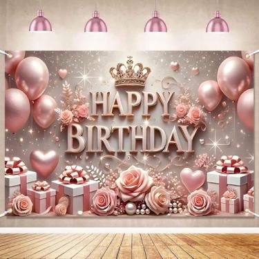 Imagem de Fundo rosa feliz aniversário 71 x 43 polegadas balões com glitter e coroa faixa rosa decoração de festa tema princesa adequado para mulheres meninas aniversário fotografia fundo