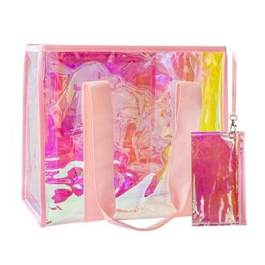 Imagem de ONEART Sacola holográfica de PVC para praia - Bolsa transparente à prova d'água para viagens e piscina, design durável com alças reforçadas 1 pacote, rosa, 13.78 Inches X 11.8 Inches X 6.69 Inches