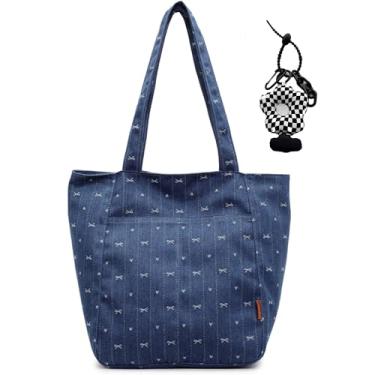 Imagem de Micmores Bolsa jeans feminina vintage, bolsa de ombro moderna, bolsa jeans para trabalho, viagem, compras, Padrão de laço - azul escuro, Large, Sacola jeans moderna