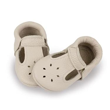 Imagem de Littlebeemocs Sapatos de sola macia para bebês, bebês e crianças – Mocassim de couro italiano com tira em T elástica para meninos e meninas; sapatos de berço para caminhada feitos à mão na Europa