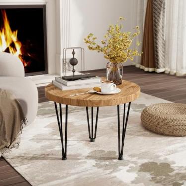Imagem de Fun Memories Mesa de centro redonda - Mesa de assentamento de madeira de olmo com pernas de metal e base antiderrapante para pés - Mesas de canto rústicas para sala de estar e quarto - 50 cm P x 50 cm