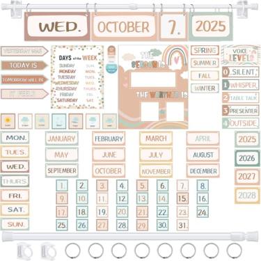 Imagem de Fullhawl Conjunto de quadro de avisos com recortes de calendário de sala de aula, conjunto de calendário dobrável e pôster de nível de voz com tabela meteorológica e estações, essencial para