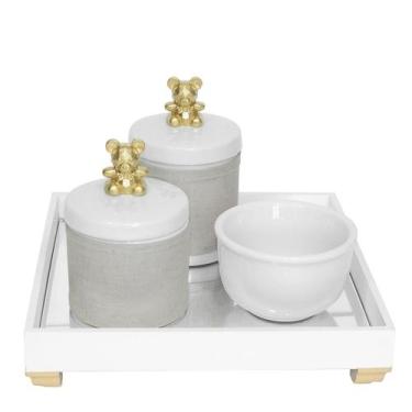 Imagem de Kit Higiene Bebê Porcelanas Algodão Bandeja Ursinho Dourado - Potinho 