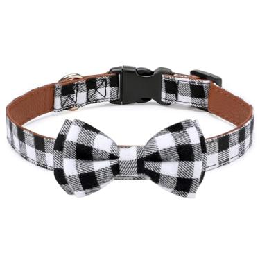 Imagem de Segarty Coleira para meninos e cães, gravata borboleta, coleira xadrez preta e branca clara para cães de estimação, macia, confortável, ajustável