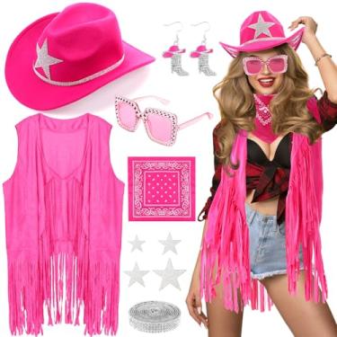 Imagem de Tiamon Acessórios de fantasia de faroeste para mulheres, caubói com franjas, chapéu de cowboy, brincos de strass, bandana paisley, roupas hippie dos anos 70 (rosa choque)
