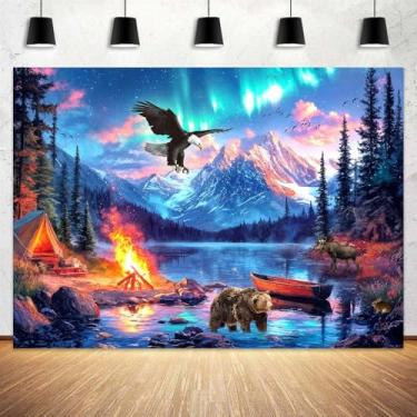 Imagem de Cenário de acampamento de 2,1 x 1,5 m, cenário de floresta, aurora, neve, montanha, fogueira, animais, acampamento, fotografia, fundo, aventura, festa, decoração, banner, sessão de fotos